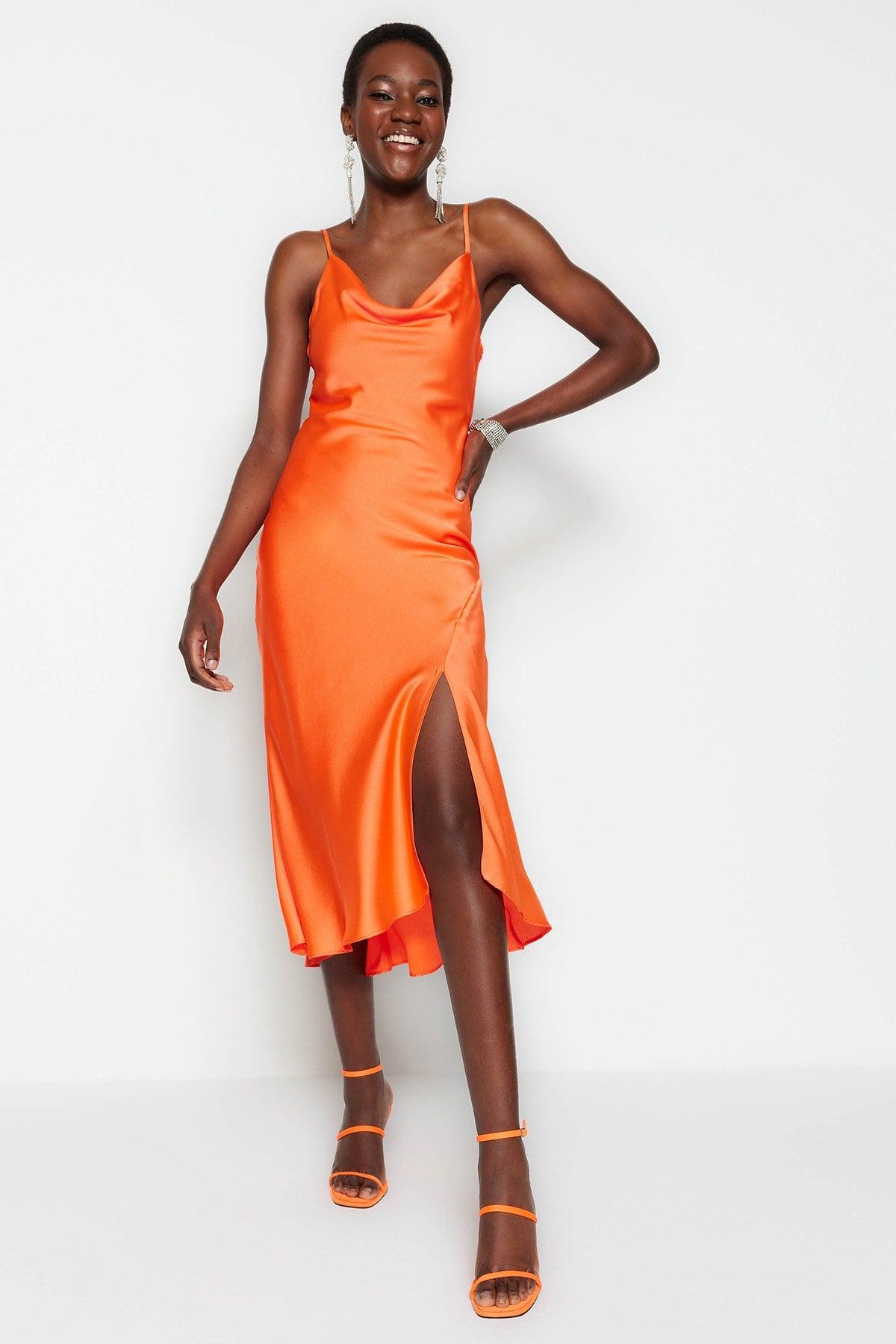 Orange Lined Woven Satin Elegant Evening Dress TPRSS19BB0058 - Swordslife