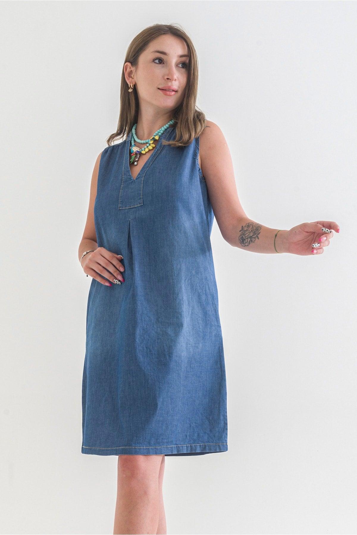 Women's Pocket Washed Cotton Blue Denim Dress - Swordslife