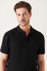 Men's Black 100% Cotton Breathable Standard Fit Normal Cut Polo Neck T-shirt E001004