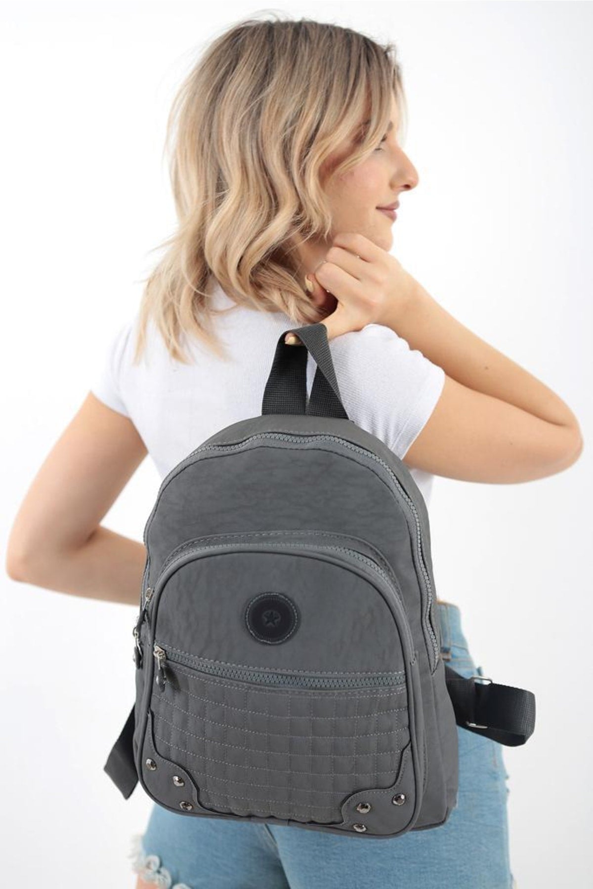 Unisex Gray Crinkle Fabric Waterproof & Dirt-resistant Backpack And School Bag
