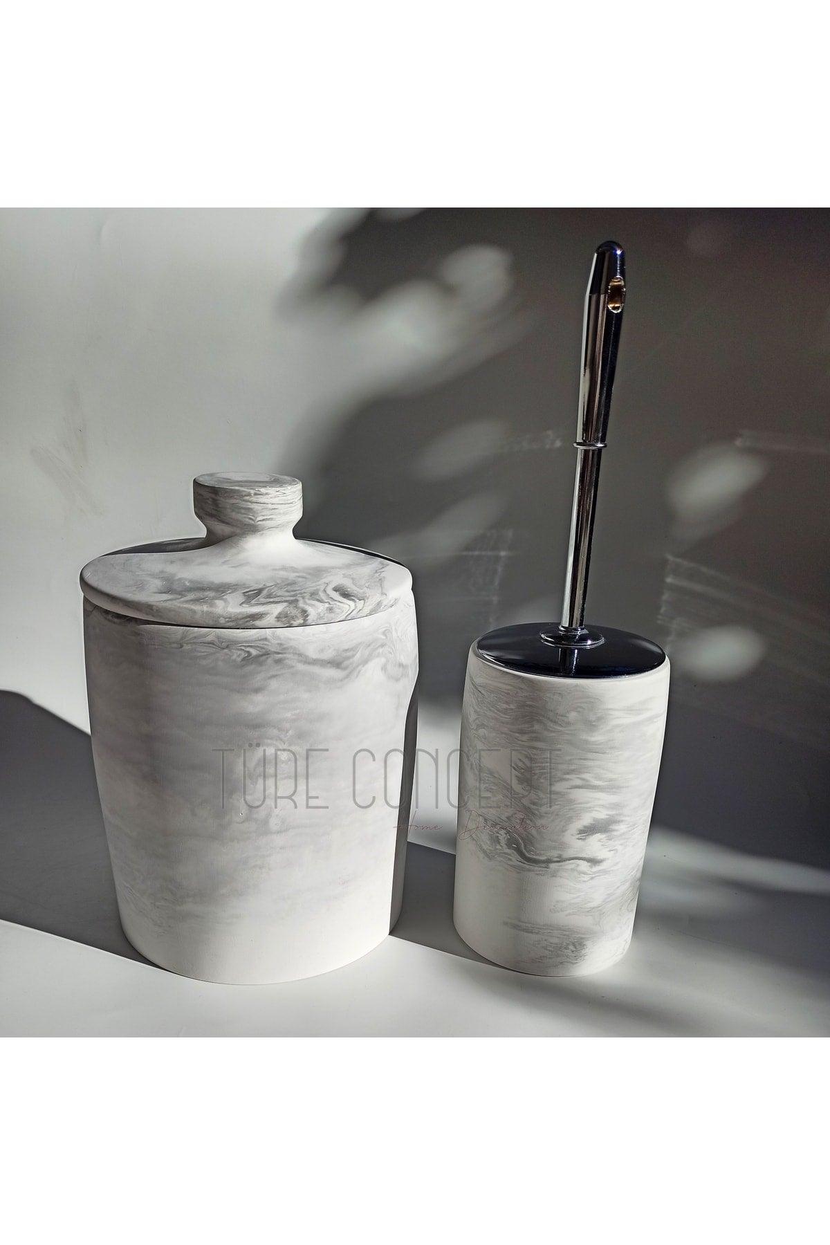 Marble Look Matte Bathroom Dustbin & Toilet Brush - Swordslife