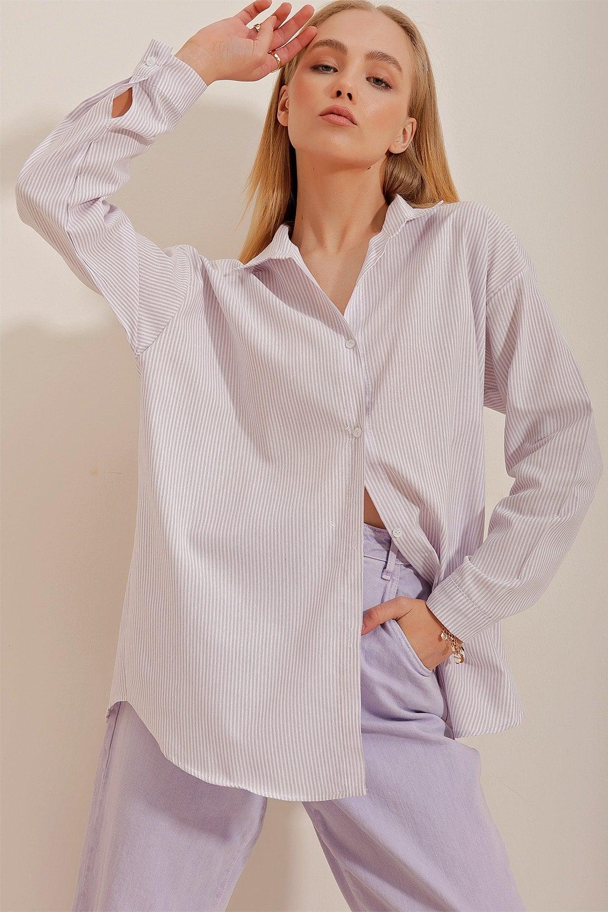 Women's Lilac Striped Oversize Shirt ALC-X10232 - Swordslife