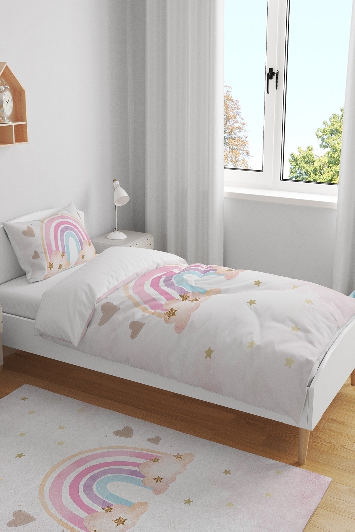 Powder Color Rainbow Patterned Single Baby Kids Duvet Cover Set