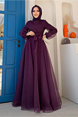Women's Purple Belted Tulle Evening Dress T 4693 - Swordslife