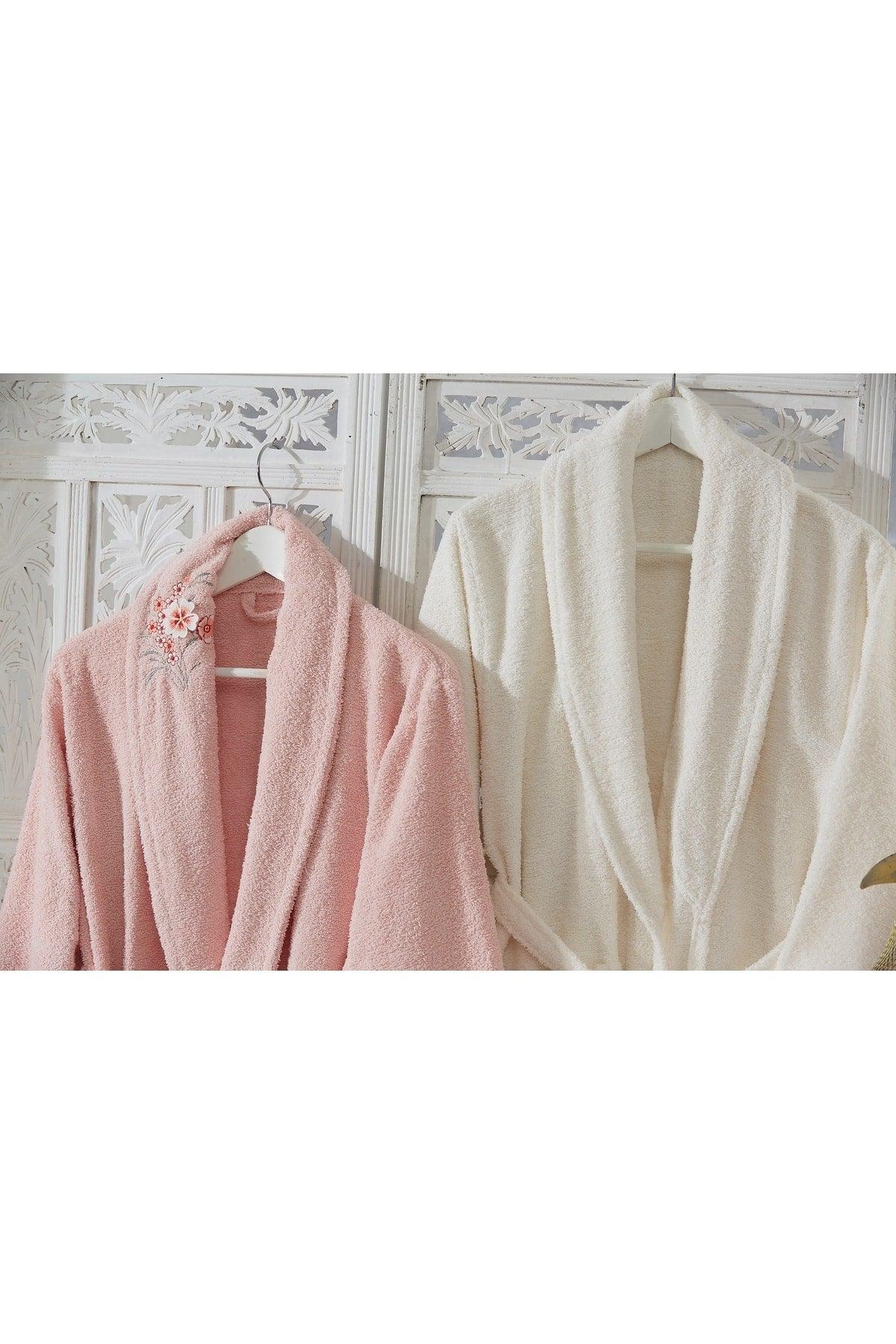 Family Embroidered Pink & Cream Family Bathrobe Set 6 Pieces Dowry Women Men Bathrobe Bath Towel Set - Swordslife