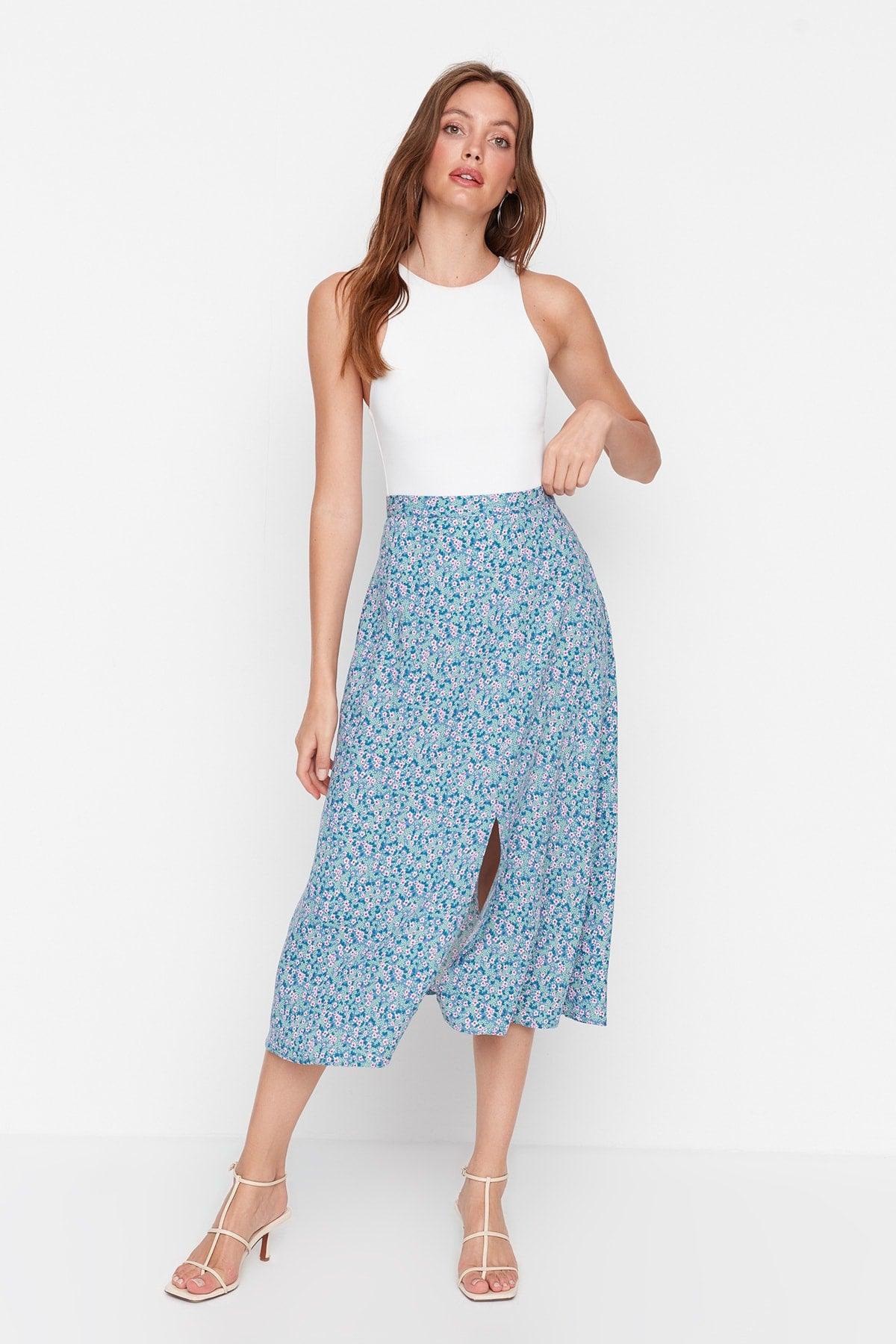 Blue Midi Woven Slit Detailed Viscose Fabric Floral Patterned Skirt TWOSS20ET0230 - Swordslife