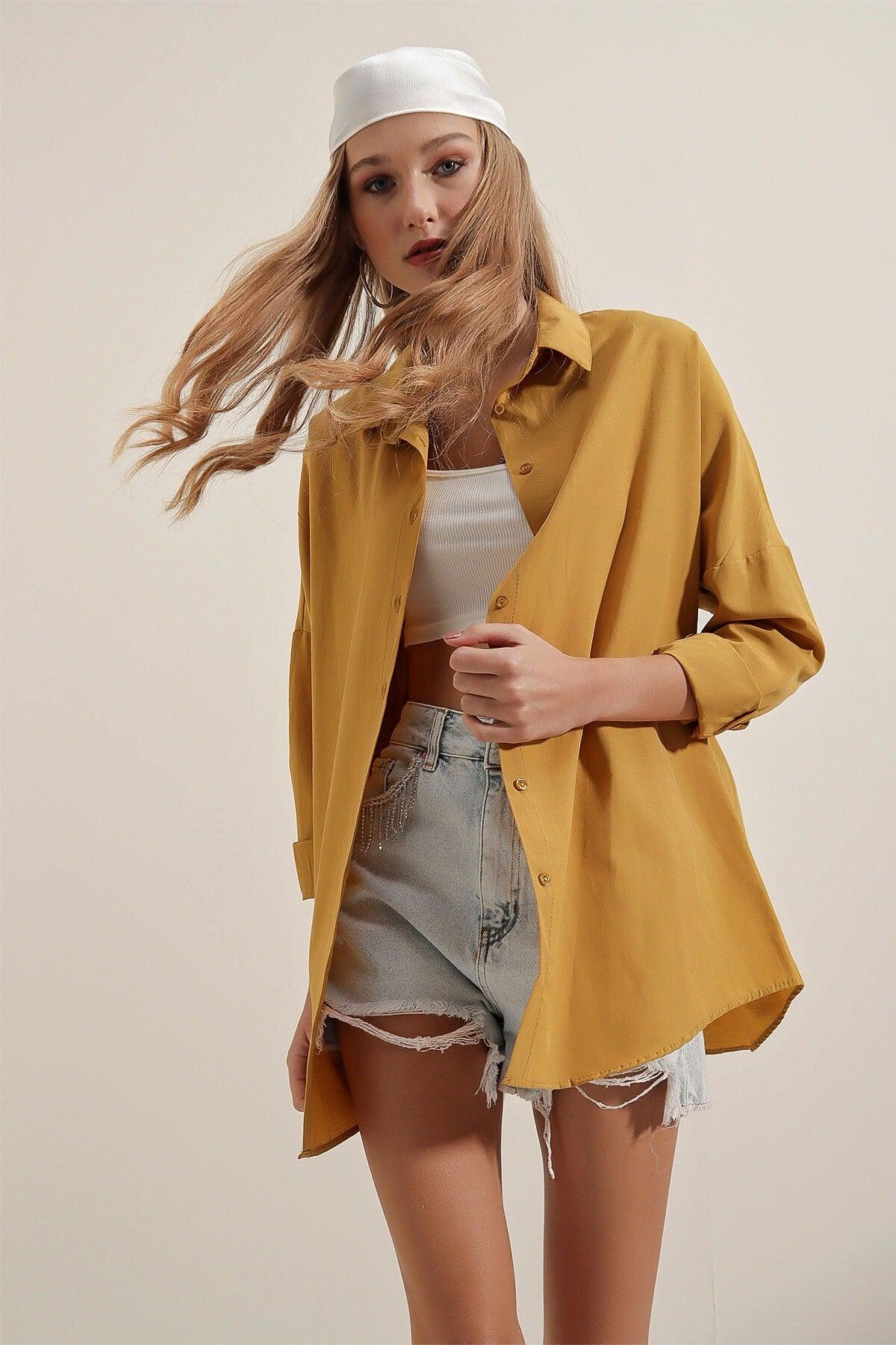 3900 Oversize Long Basic Shirt - Mustard - Swordslife