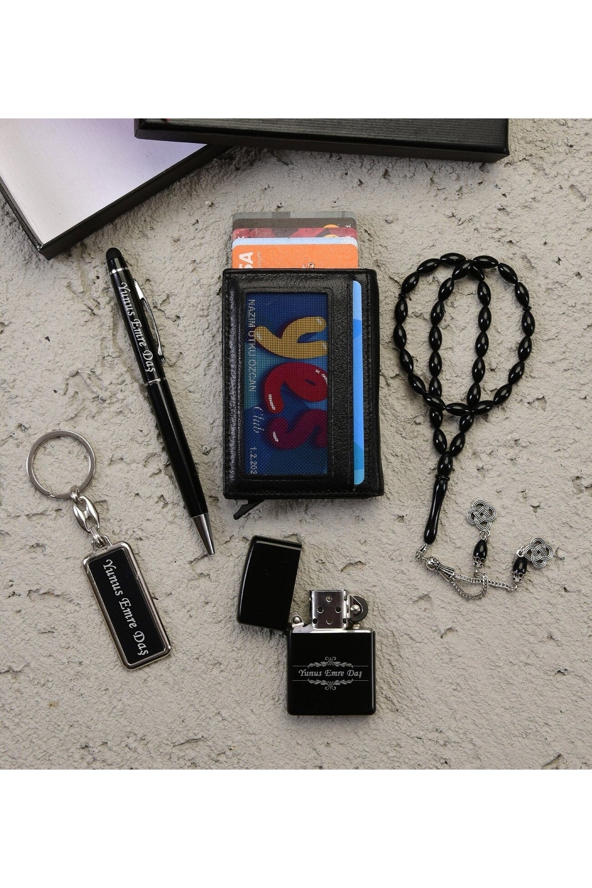 Personalized Mechanism Leather Wallet Key Chain Rosary Pen And Lighter Set