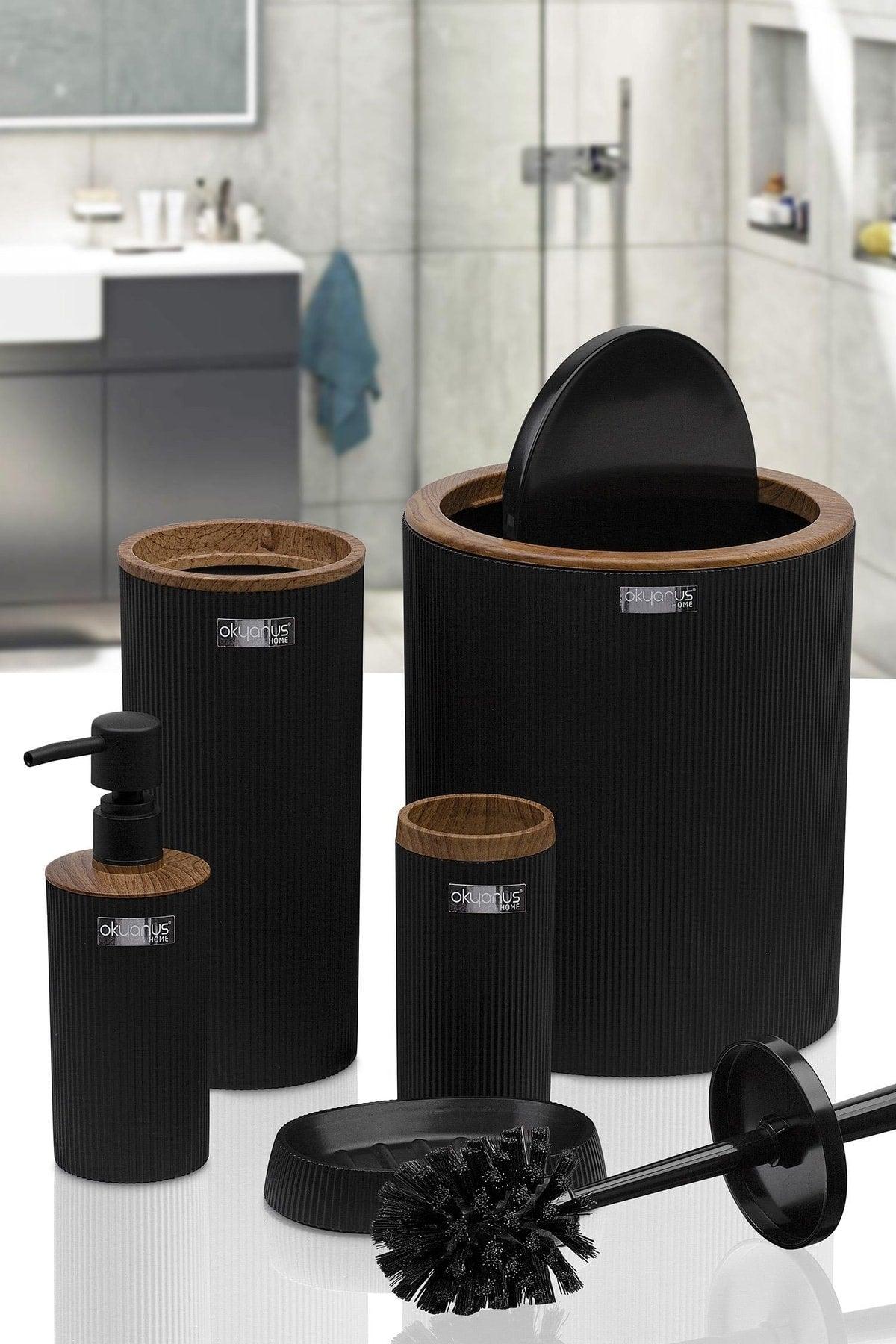 Mina Black Wood Patterned Striped Round 5 Piece Bathroom Set - Swordslife