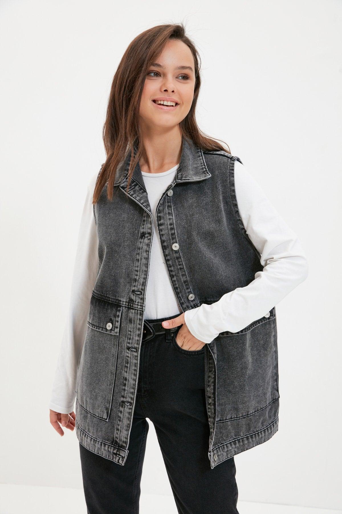 Anthracite Shirt Collar Pocket Detailed 100% Cotton Denim Vest Jacket TCTAW22CK0006 - Swordslife