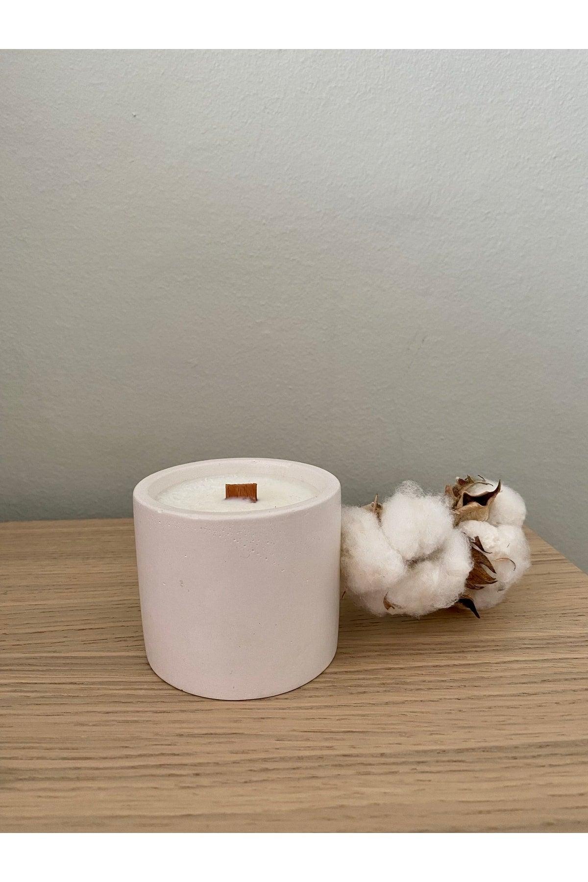 Coconut Scented Soy Wax with Wood Wick in Light Beige Decorative Concrete Container - Swordslife