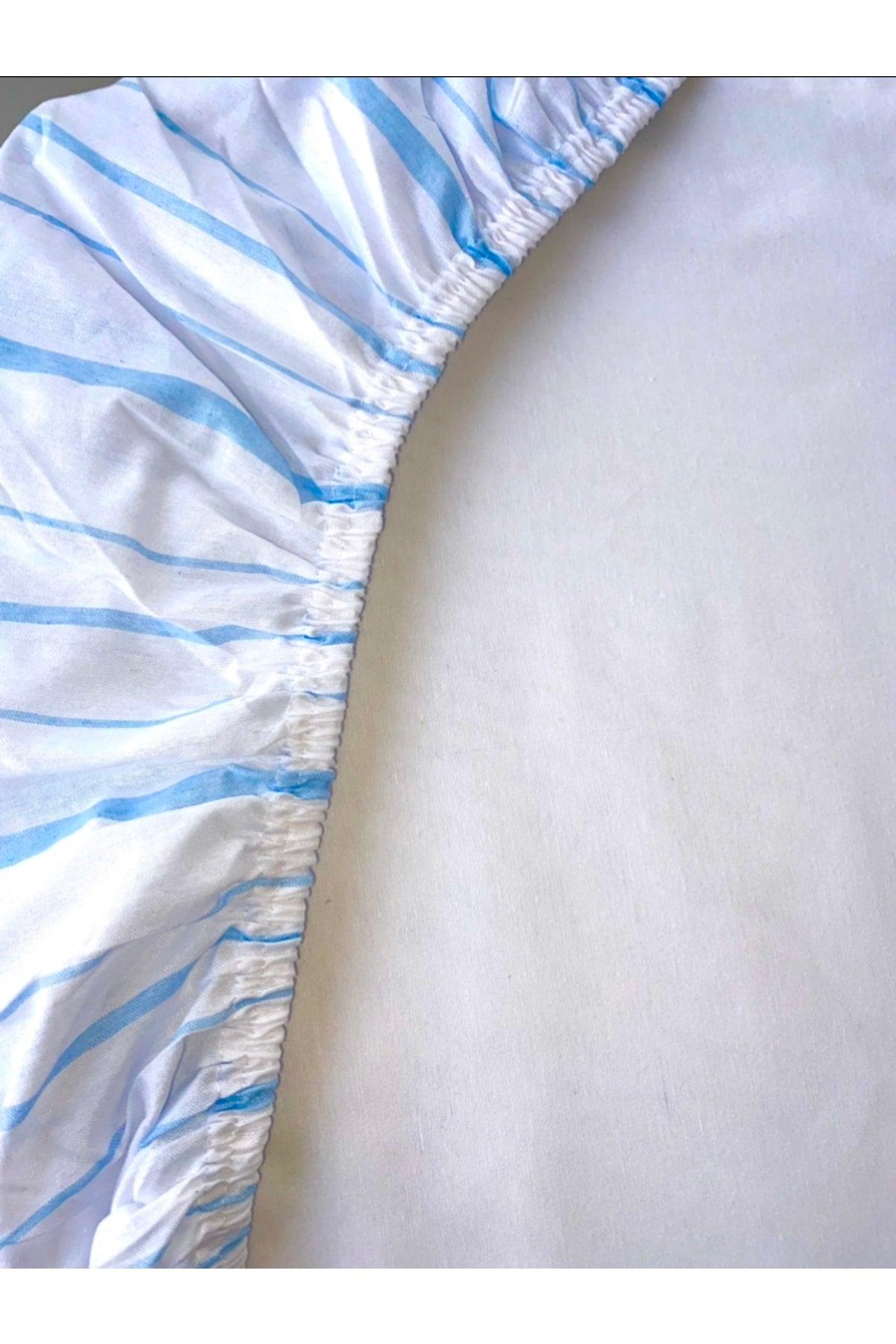 Striped Powder Blue Elastic Bed Sheet Set Cotton-Pillow Cover Single-Double-Duvet Cover - Swordslife