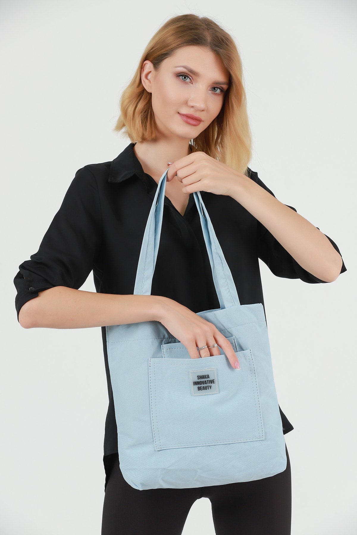 Blue U22 3-Compartment Front 2 Pocket Detailed Canvas Fabric Daily Women's Arm and Shoulder Bag B:35 E:35