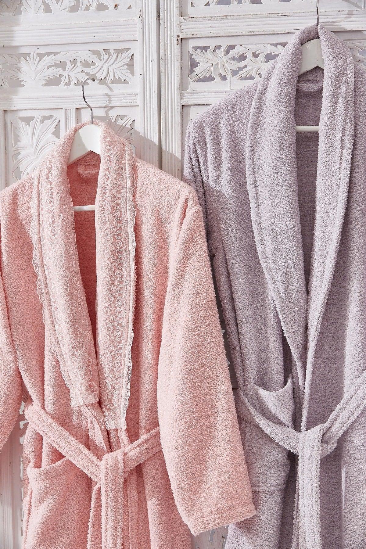 Family Lace Pink & Lilac Family Bathrobe Set 6 Pieces Dowry Women Men Bathrobes Bath Towel Set - Swordslife