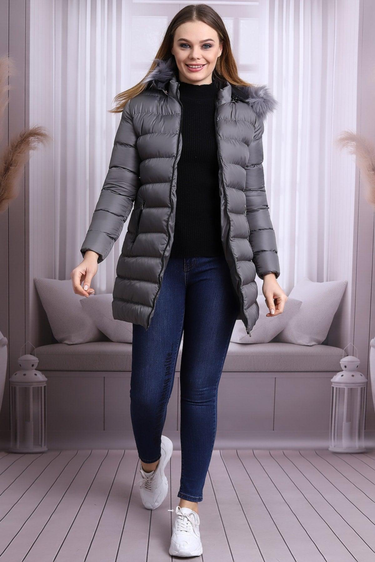 Gray Color Women's Plush Microgel Inflatable Coat - Swordslife