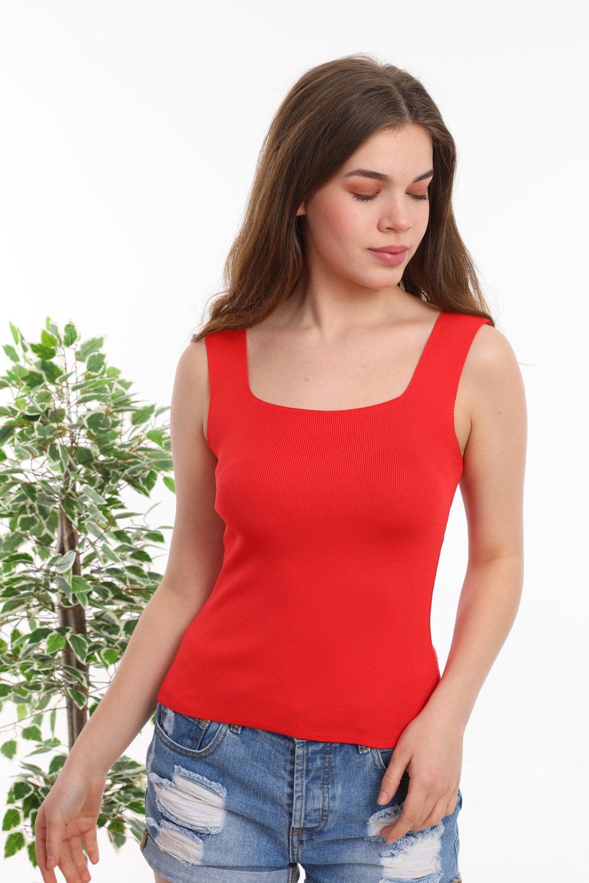 Women's Red Tank Top Thick Strap Singlet Slim Summer Square Collar Knitwear - Swordslife