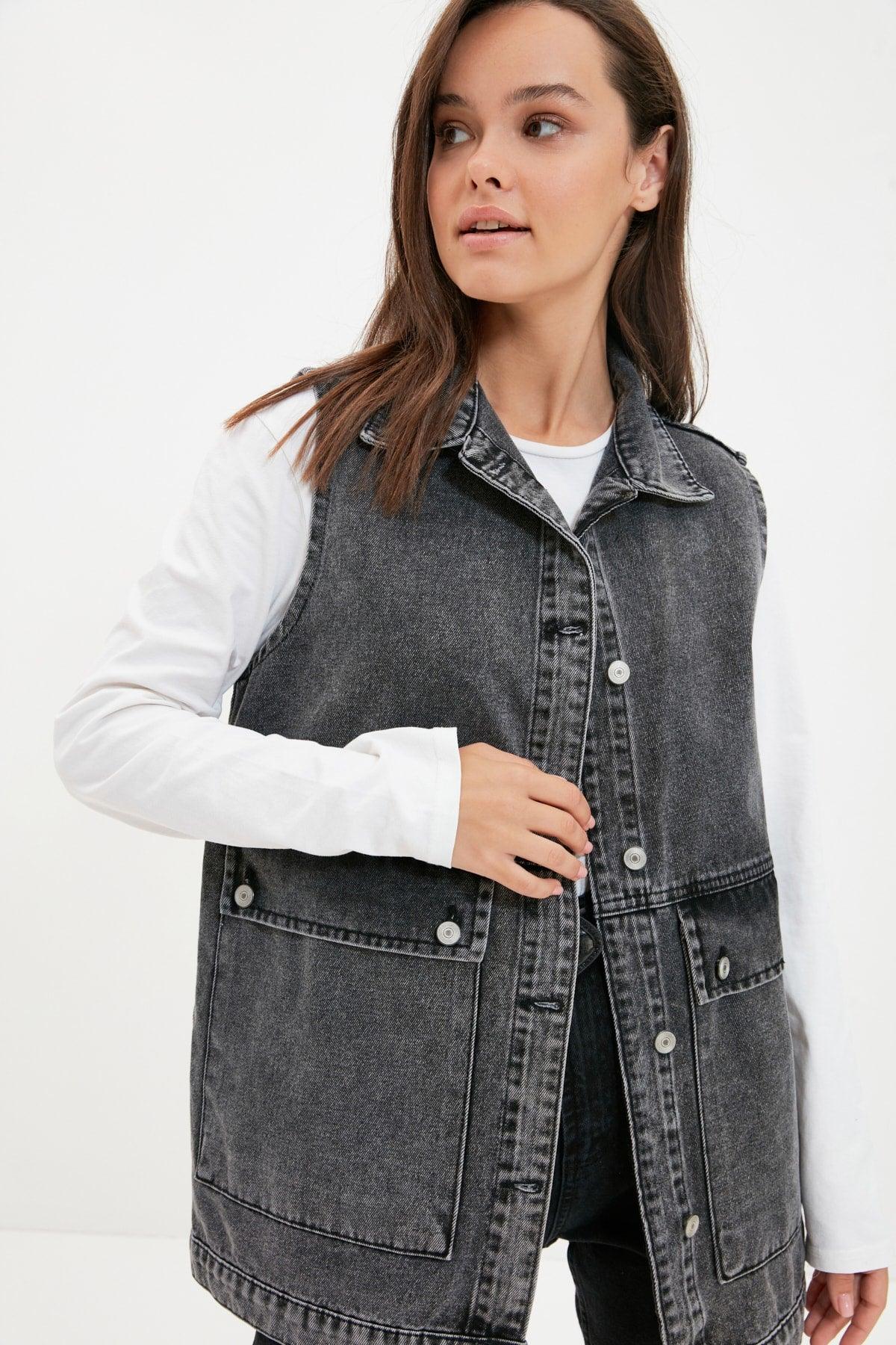 Anthracite Shirt Collar Pocket Detailed 100% Cotton Denim Vest Jacket TCTAW22CK0006 - Swordslife