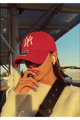 Unisex Red Color White Embroidery Baseball Ny New York Hat