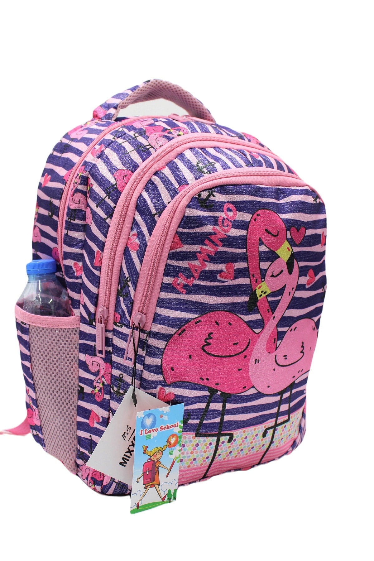 Sim Flamingo Patterned Dark Purple Color Girl Backpack Primary School Bag Set with Lunch Box and Pencil Holder