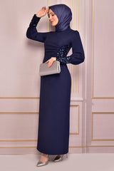 Pearl Detail Evening Dress Indigo Asm2553 - Swordslife