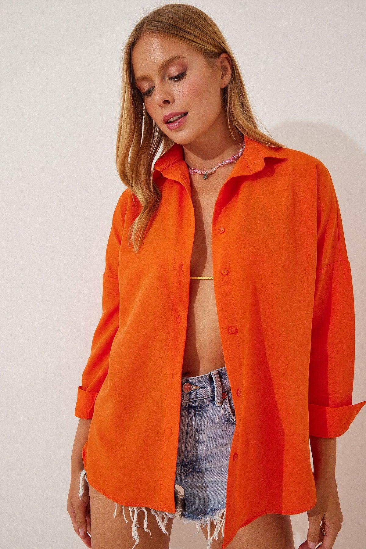 Women's Vivid Orange Oversize Long Basic Shirt DD00842 - Swordslife