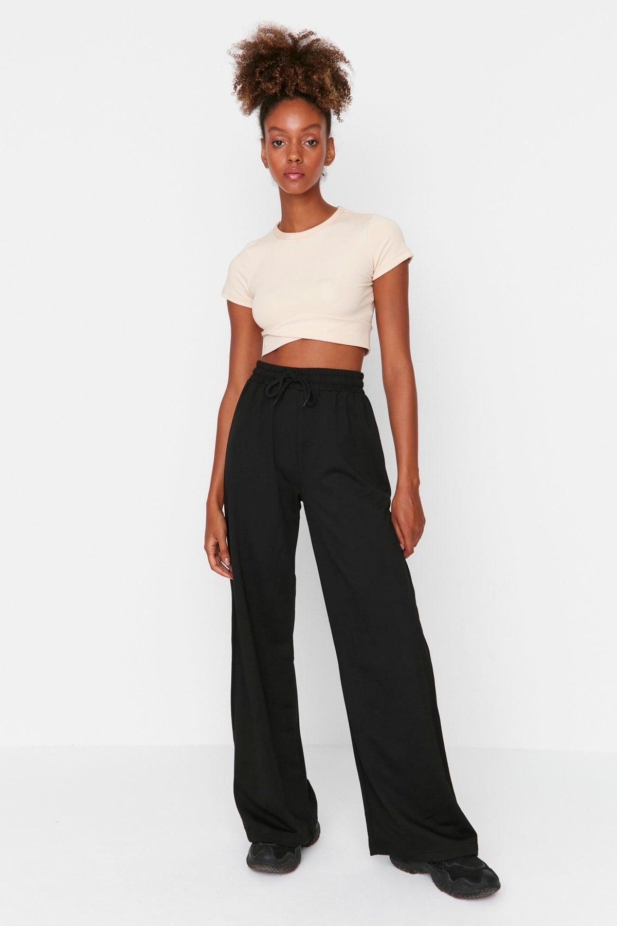 Black Wide Leg Slim Sports Trousers TWOAW22EA0053 - Swordslife