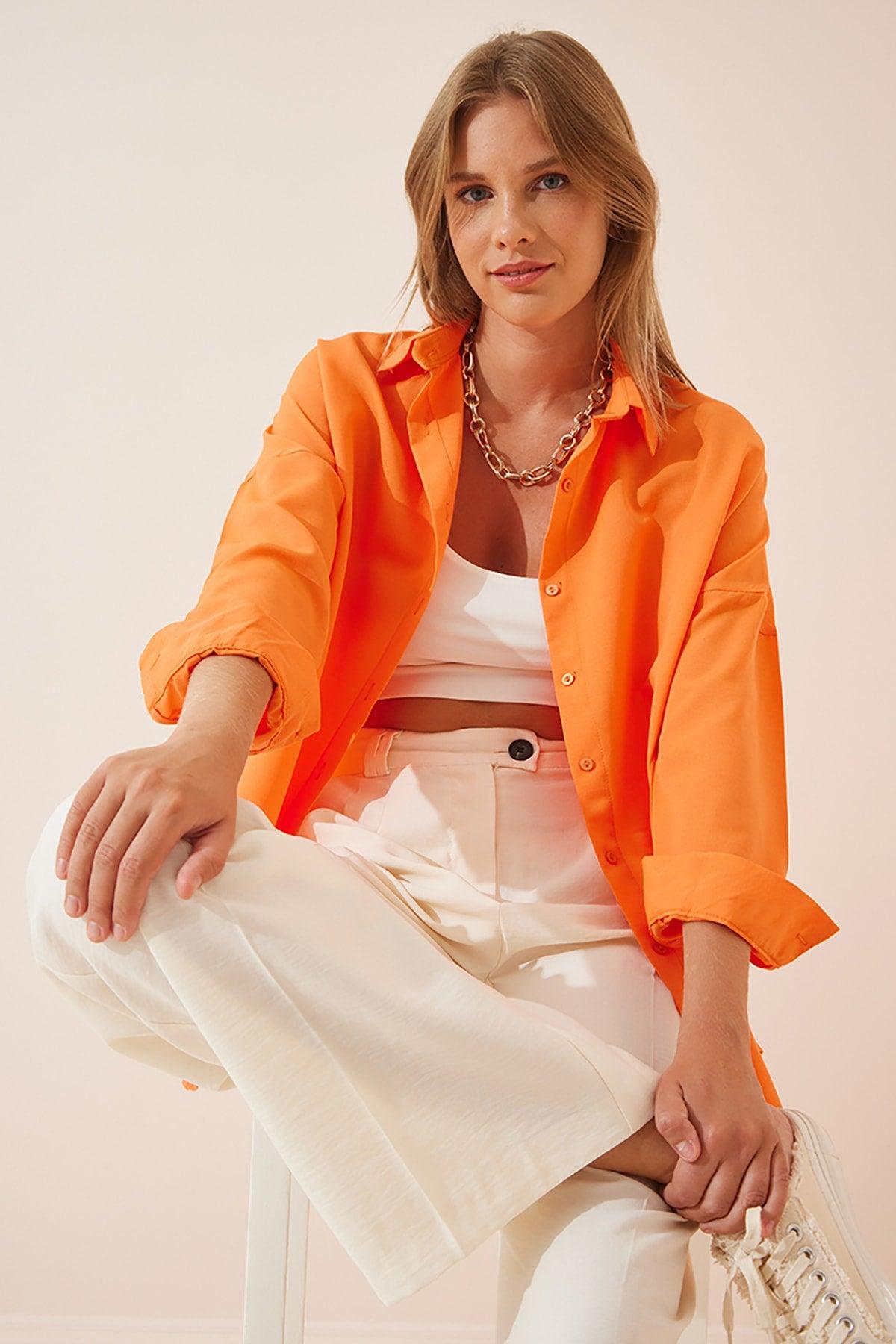 Women's Orange Oversize Long Basic Shirt DD00842 - Swordslife