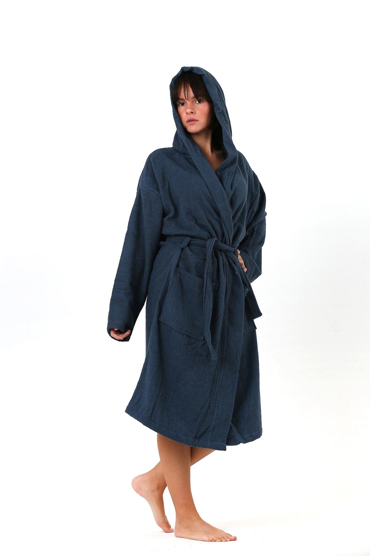 100% Cotton Hooded Towel Curl Adult Bathrobe Indigo Blue - Swordslife