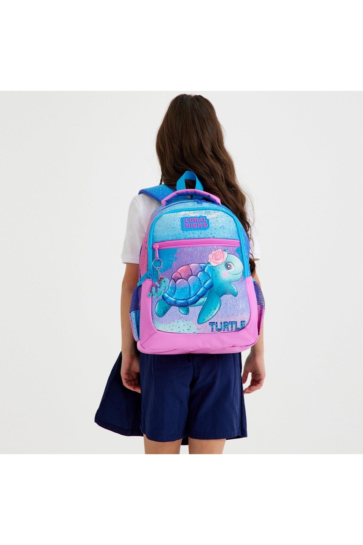 Kids Light Pink Blue Tortoise Pattern Three Compartment School Backpack 23497