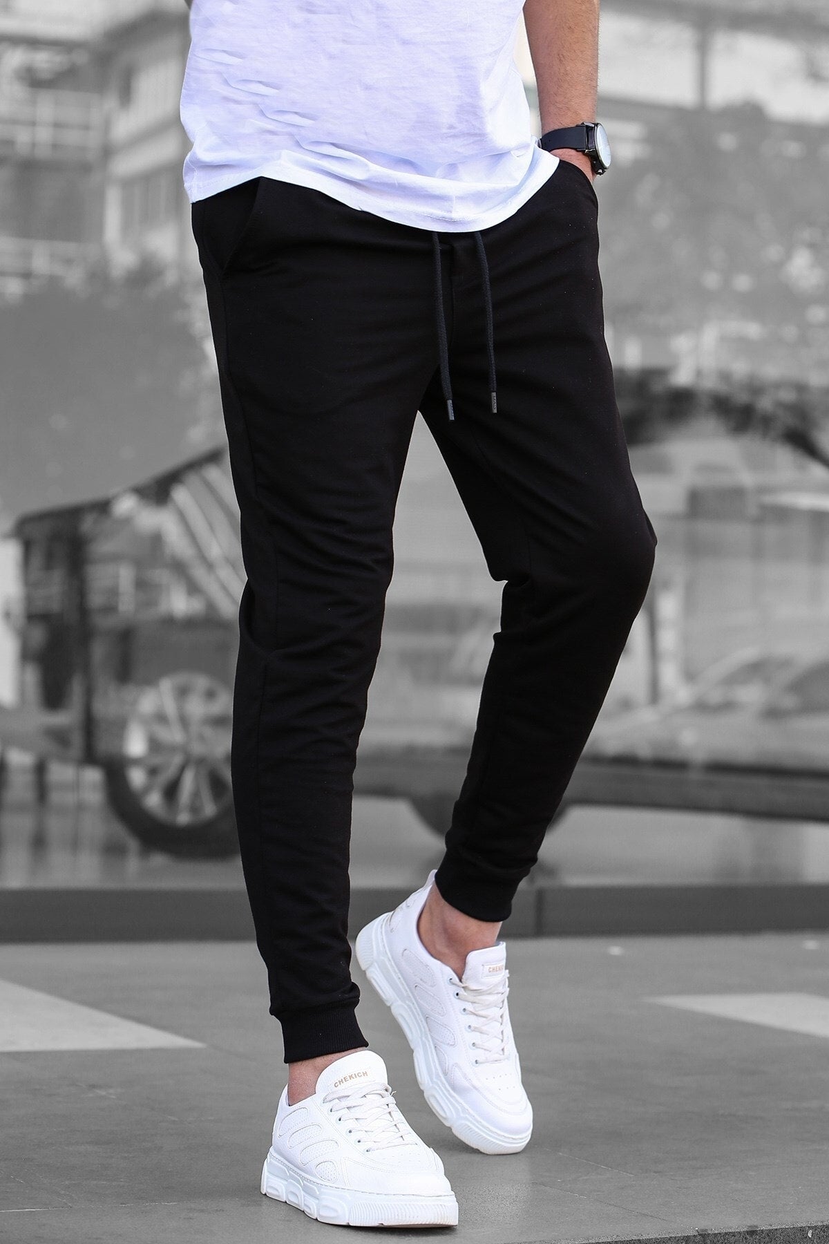 Men's Black Elastic Elastic Sweatpants 4821