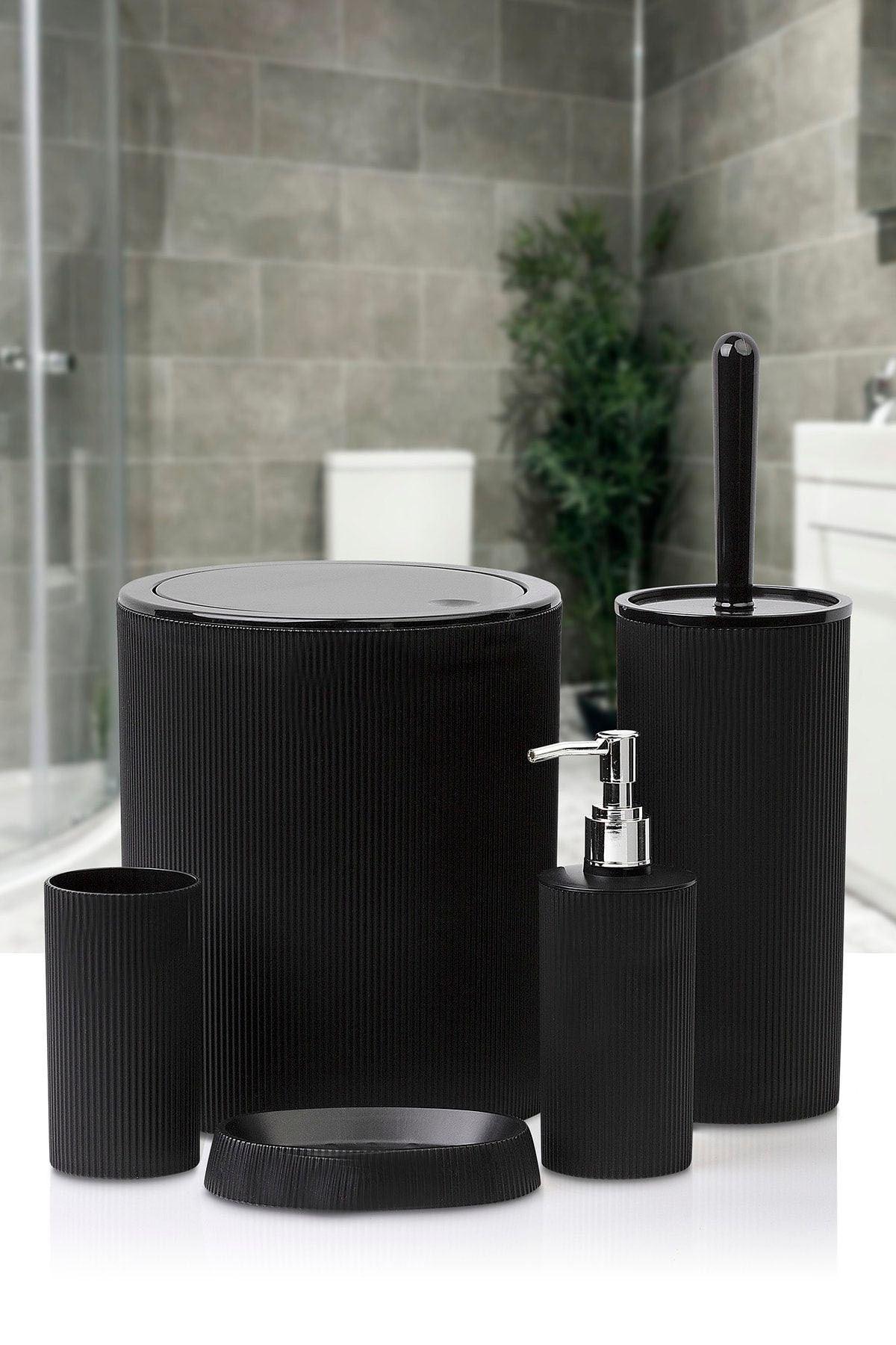 Trash Can Toilet Brush Liquid Soap Dispenser Toothbrush Holder Solid Soap Dispenser 5 Pieces Bathroom Set Black S-430 - Swordslife