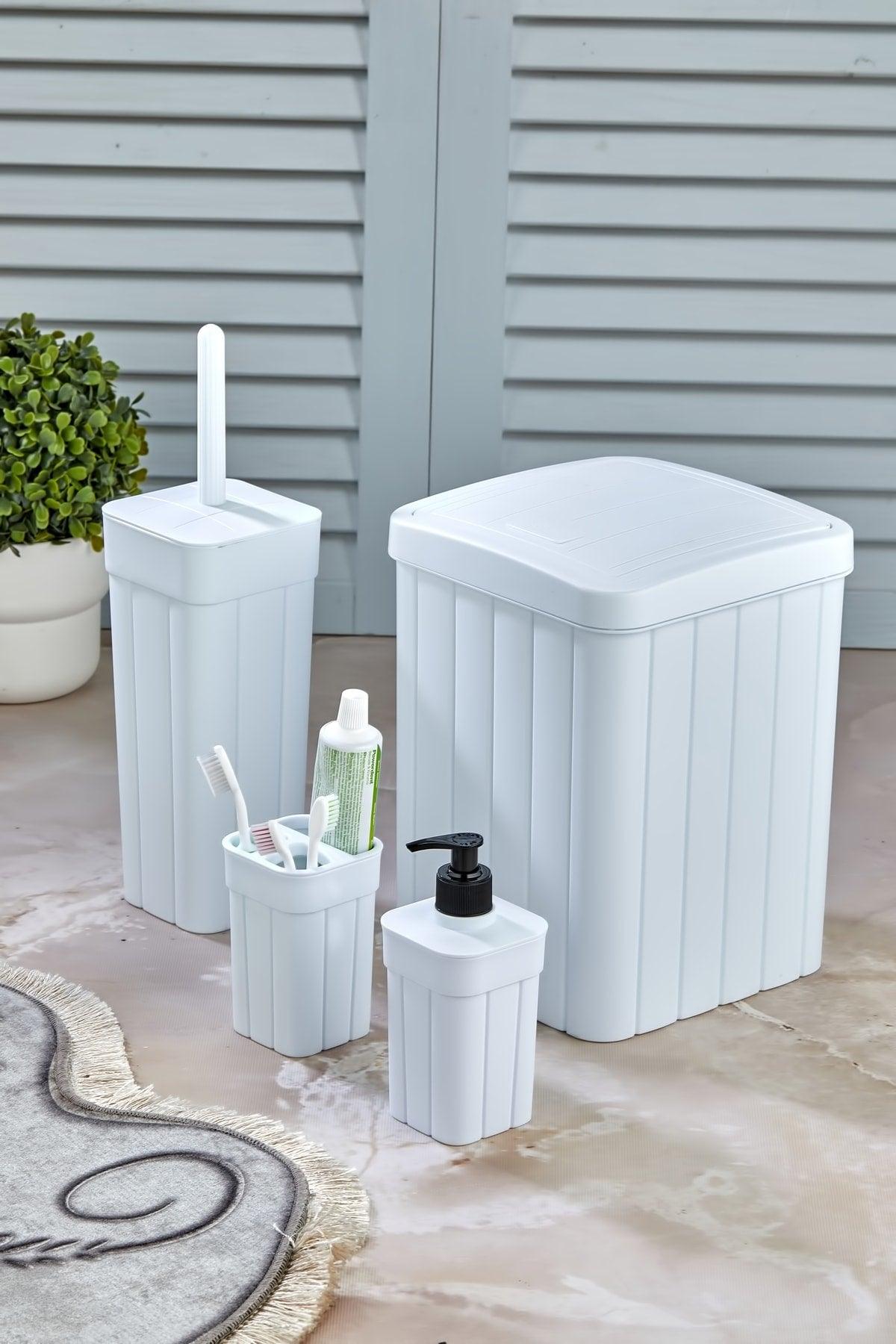 Trend Lux Roving Striped Patterned Bathroom Trash Bin-WC Toilet Brush-Soap Dispenser-Tooth Brush Holder White - Swordslife