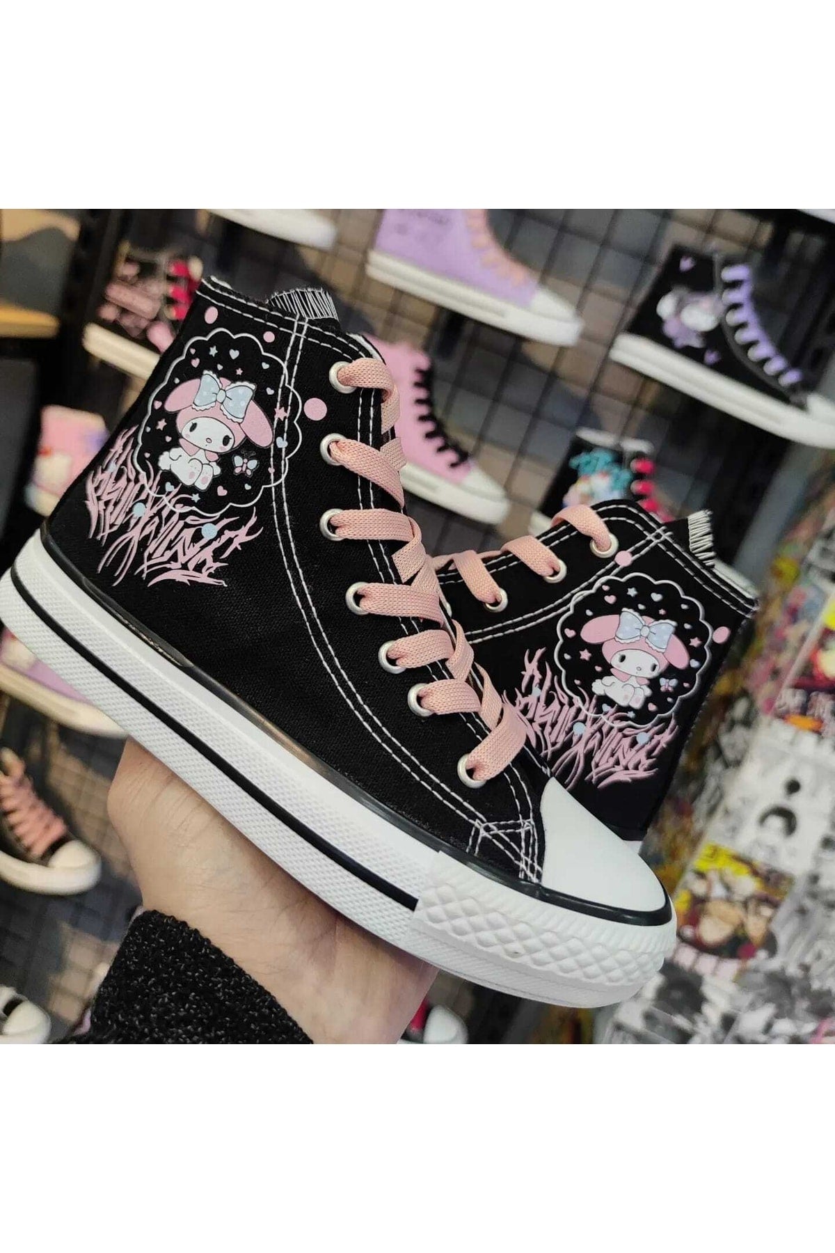 My Melody Fringed Pink Printed Black Ankle Sneakers Snekaer