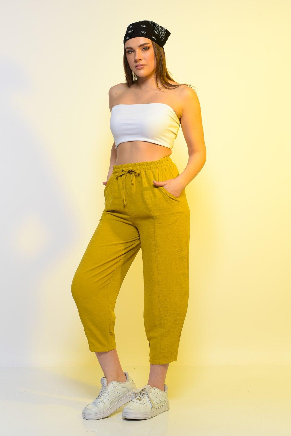 New Season Summer Elastic Waist Slim Pants High Waist Women Mustard Color Casual Trousers - Swordslife