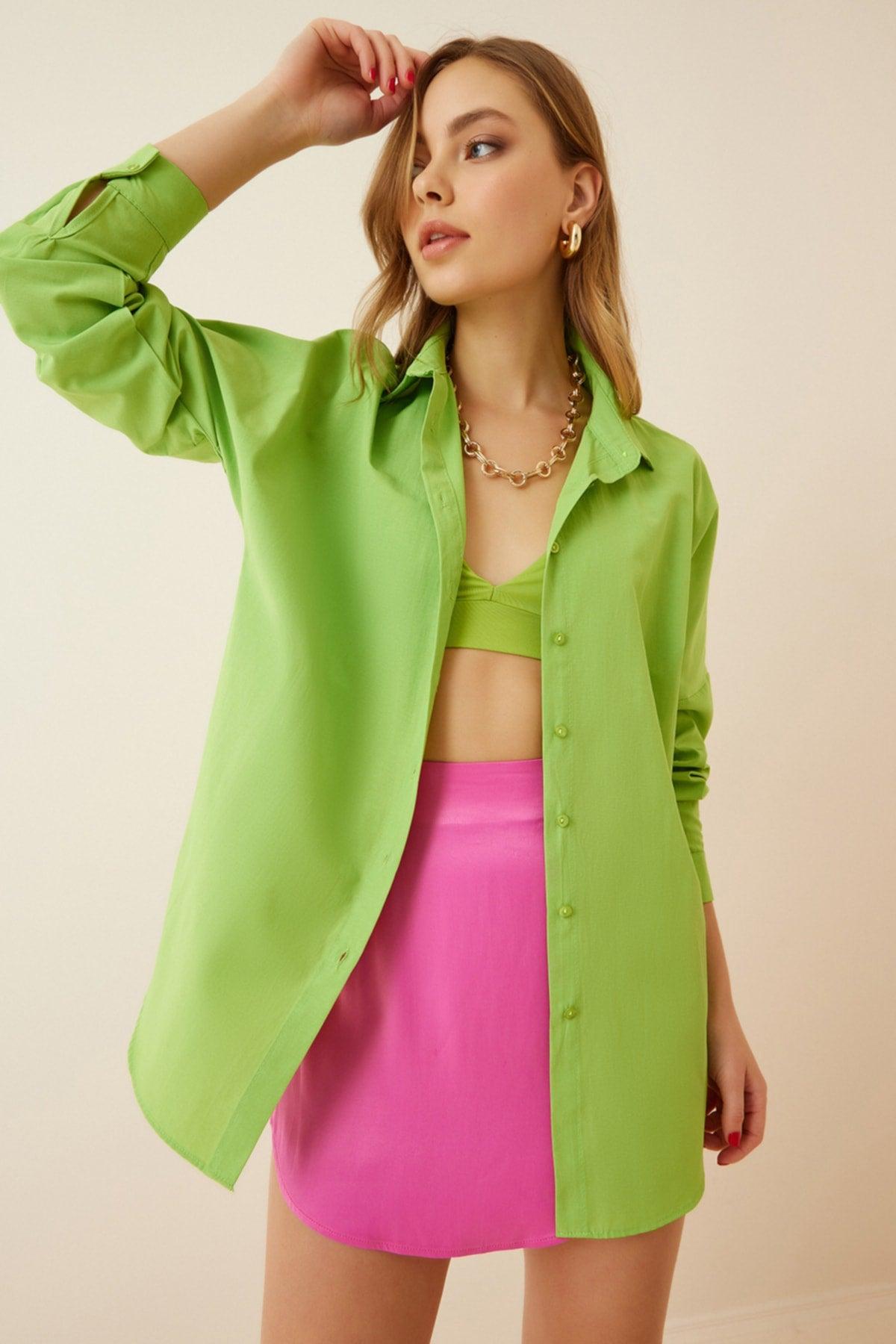 Women's Pistachio Green Oversize Long Basic Shirt DD00842 - Swordslife