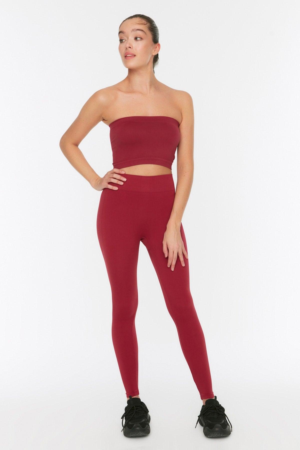 Burgundy Seamless/Seamless Ribbed Full Length Sports Leggings TWOAW20TA0071 - Swordslife