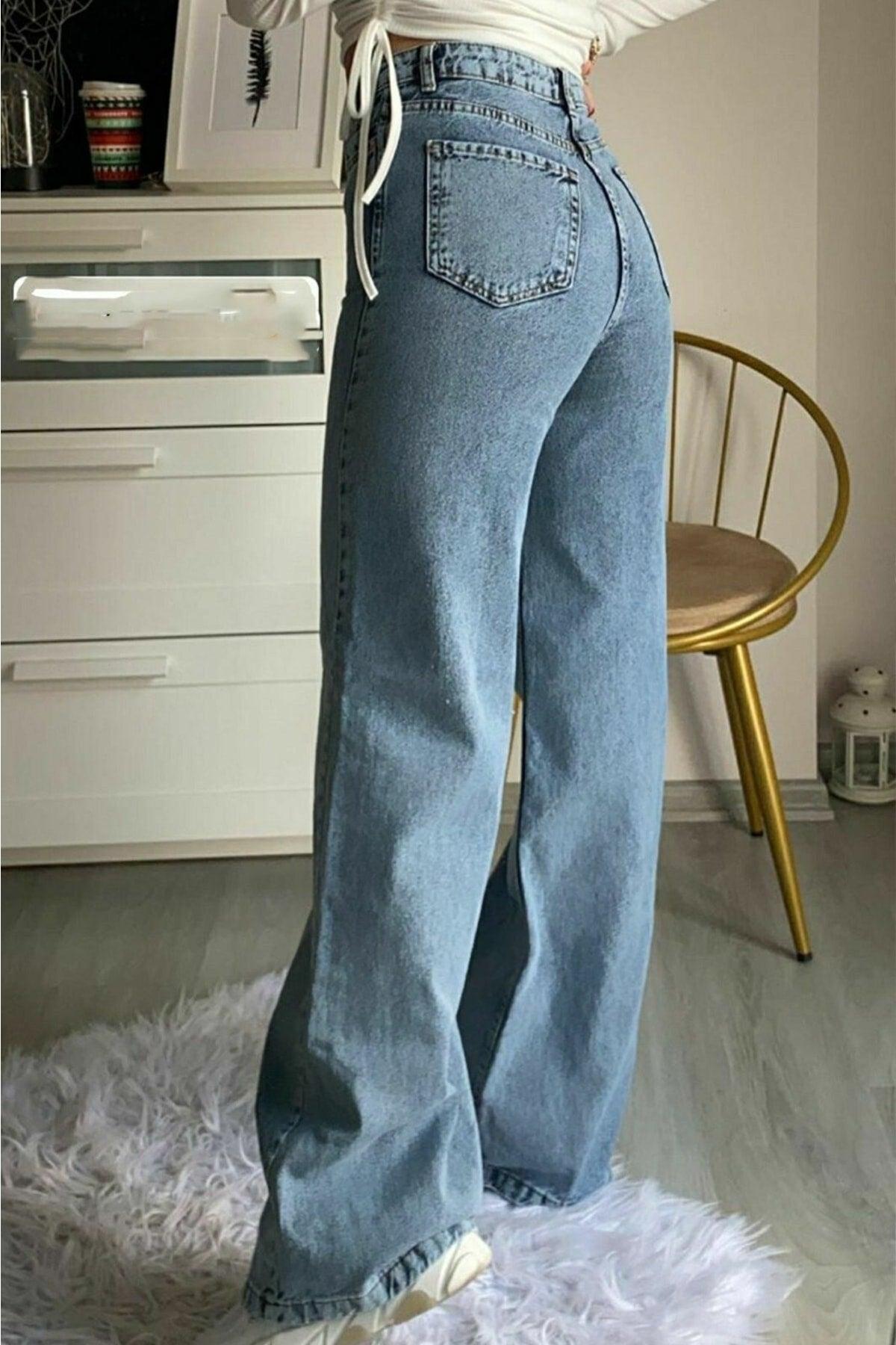 Dark Blue Snow Wash Power Lycra Medium Blue Snow Wash High Waist Wide Leg Denim Jeans - Swordslife