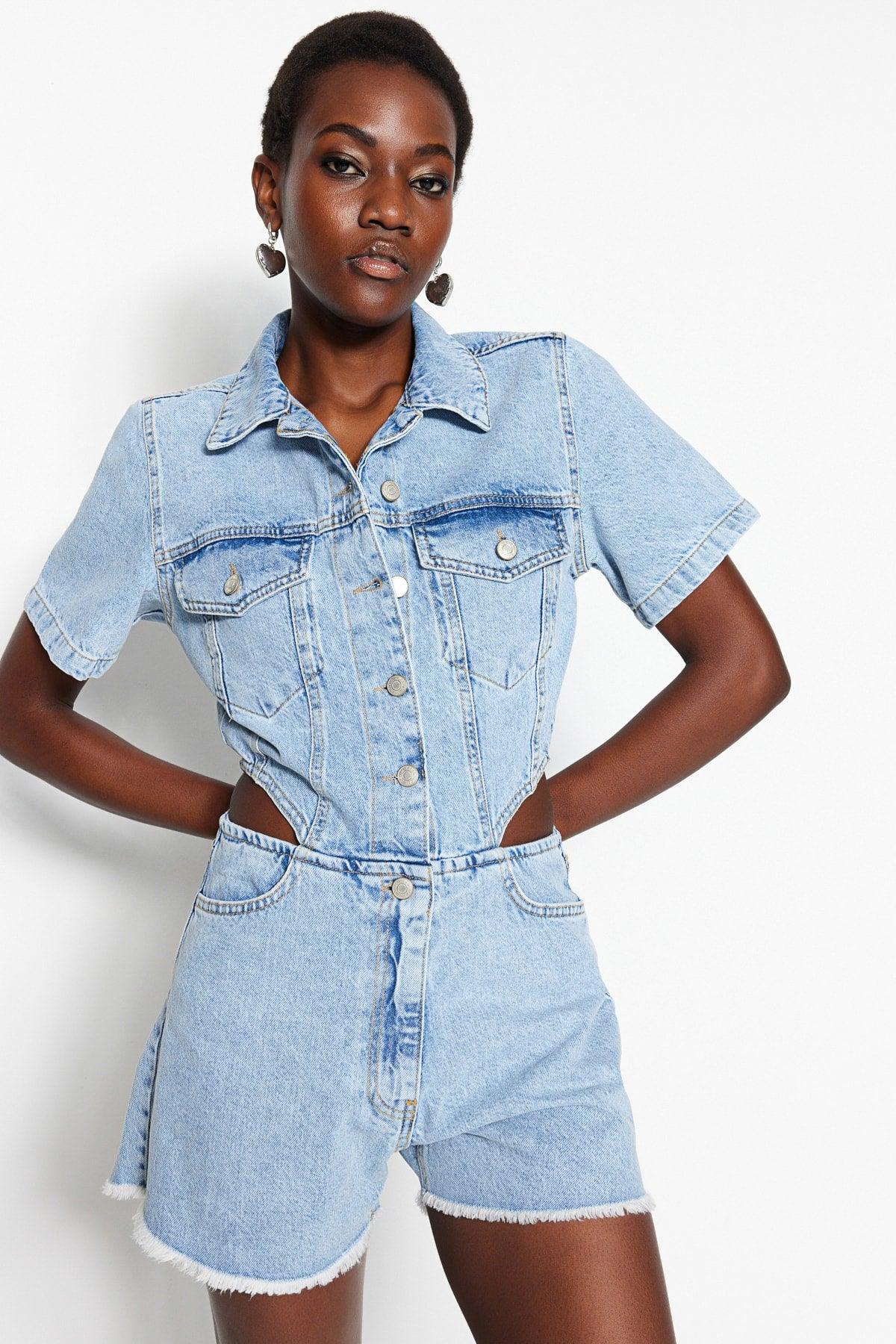 Light Blue Cut-Out Detailed Denim Overalls TWOSS23TU00046 - Swordslife