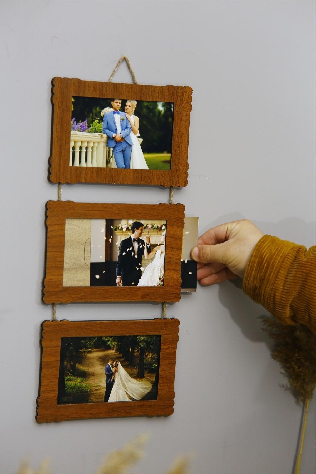 Wooden Triple 10x15 Cm Rope Photo Hanger Horizontal-color Walnut - Swordslife