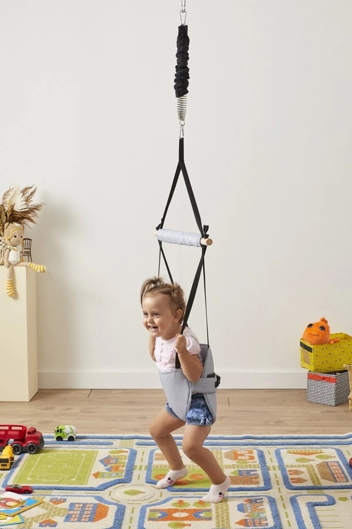 Hoppala Bouncer Kangaroo , Balance Baby Walker With Spring Natural Wood Gray