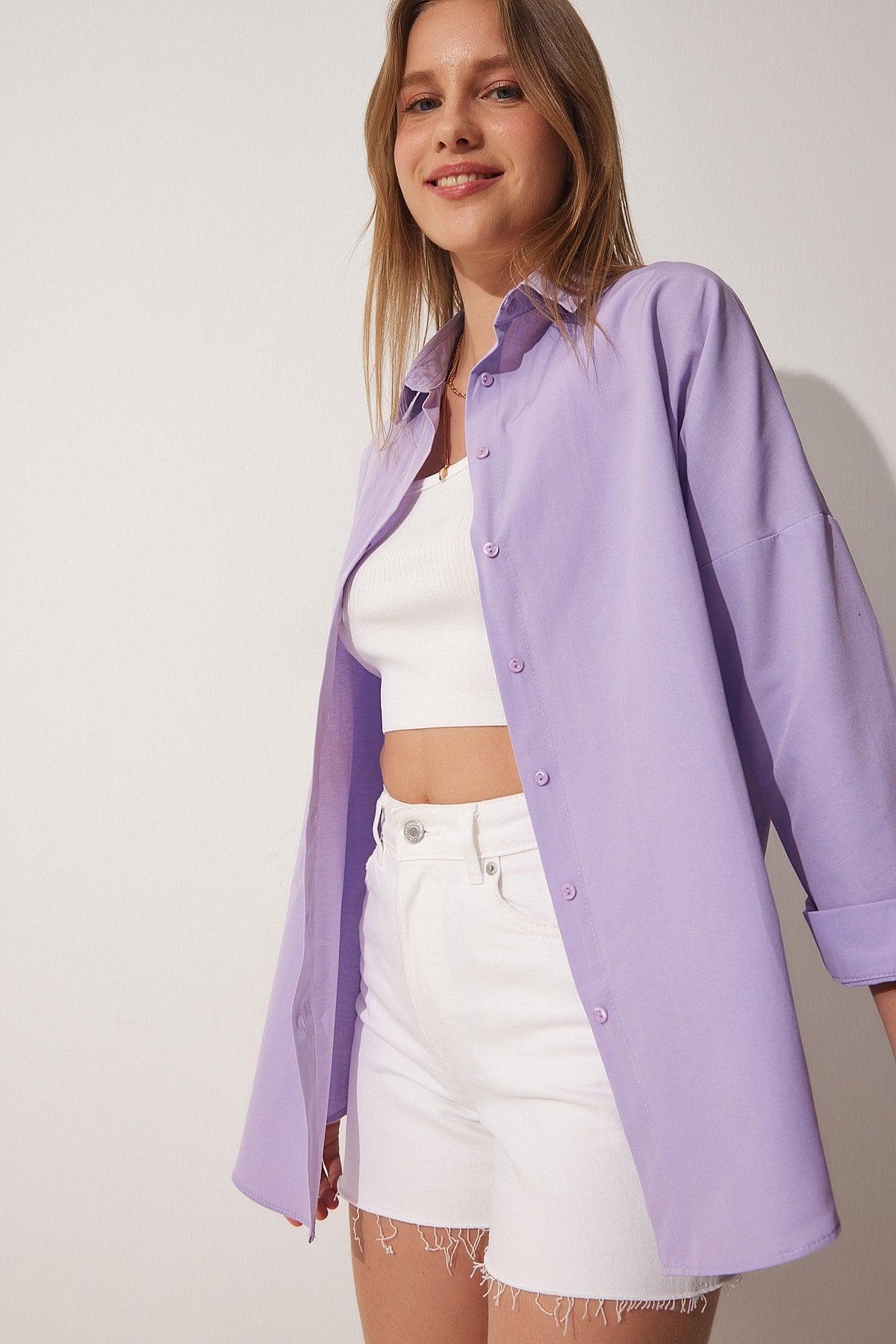 Women's Light Lilac Oversize Long Basic Shirt DD00842 - Swordslife