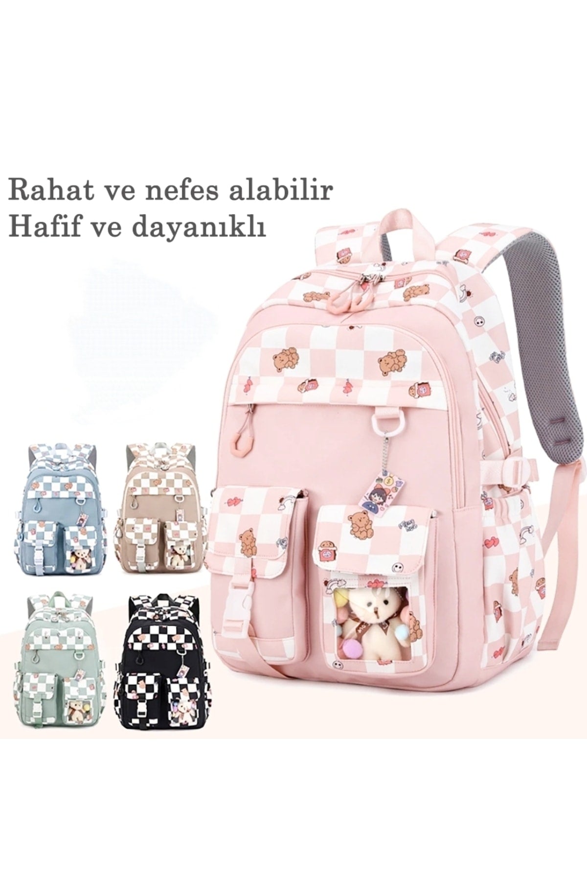 Checked Patterned School Bag With Accessories