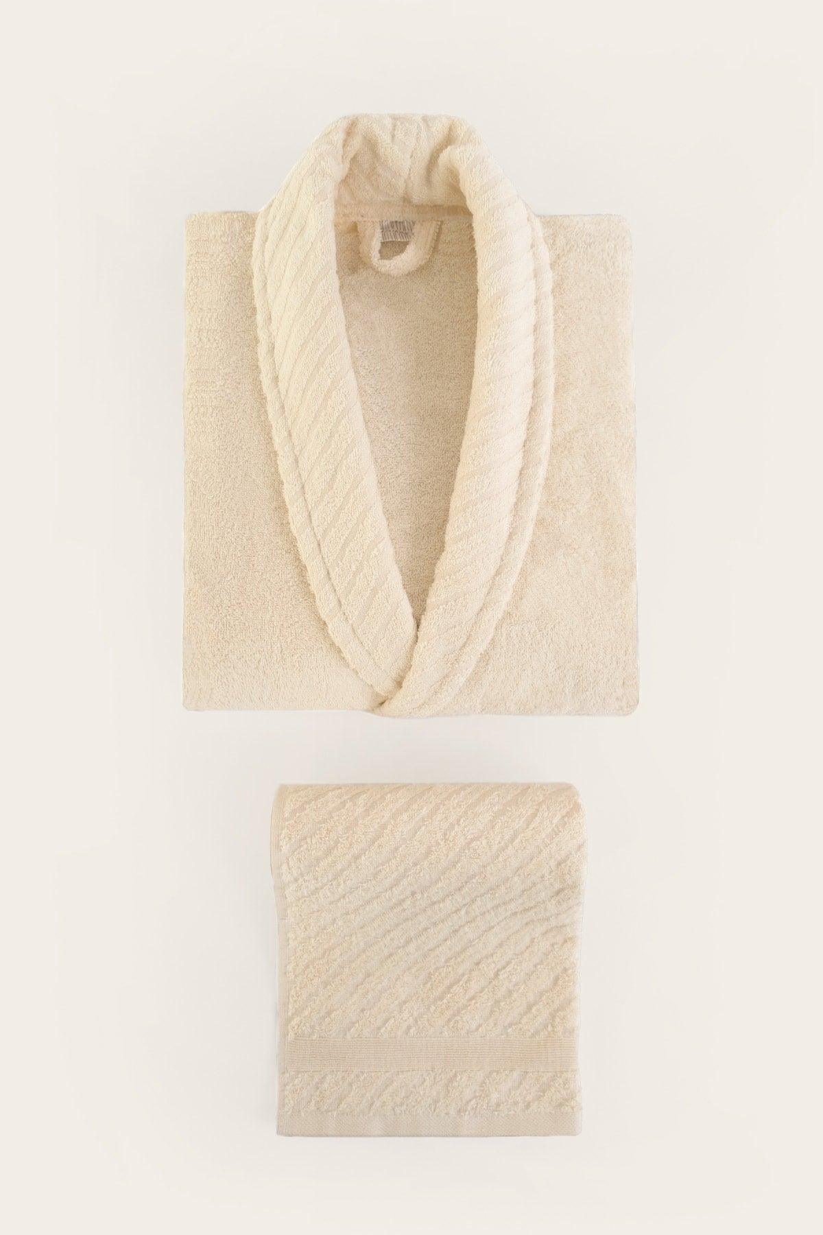 Lycian Cream Bathrobe Set 2 Pcs Set 1 Bathrobe 1 Towel Soft Cotton Bathrobe Hand Face Towel Bath 1053a - Swordslife