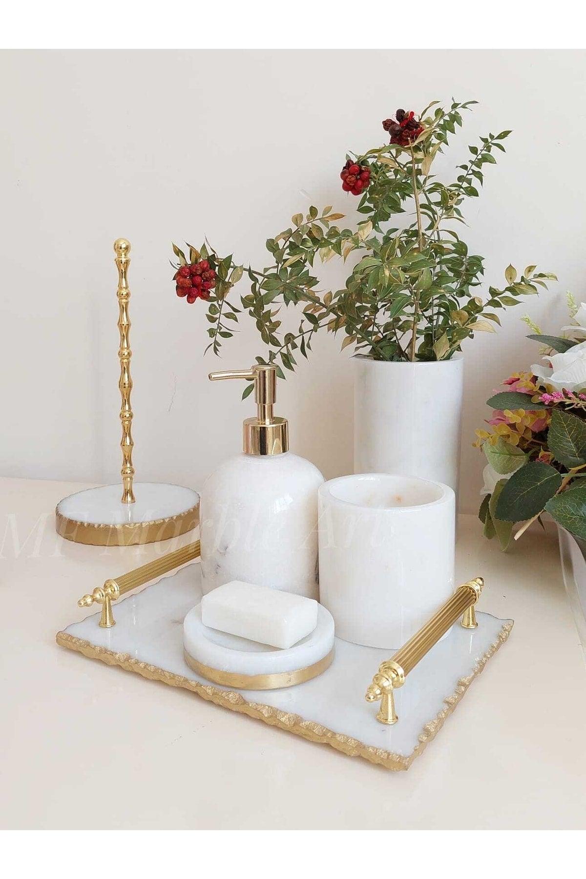 Royal Cream - Natural White Marble Bathroom Set of 6 | Ball Object | Gold | - Swordslife