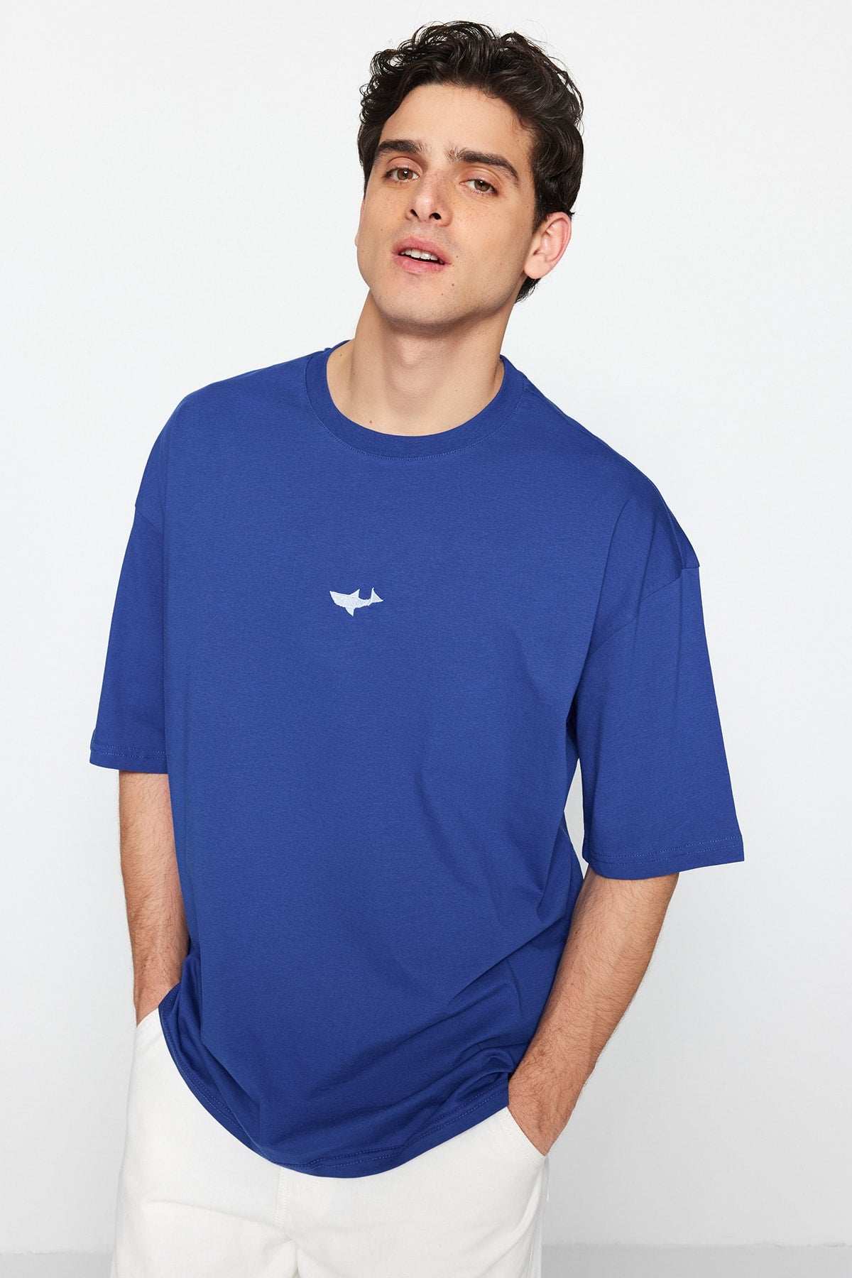 Navy Blue Men's Oversize Fit Cycling Collar Short Sleeve Shark Embroidered T-Shirt