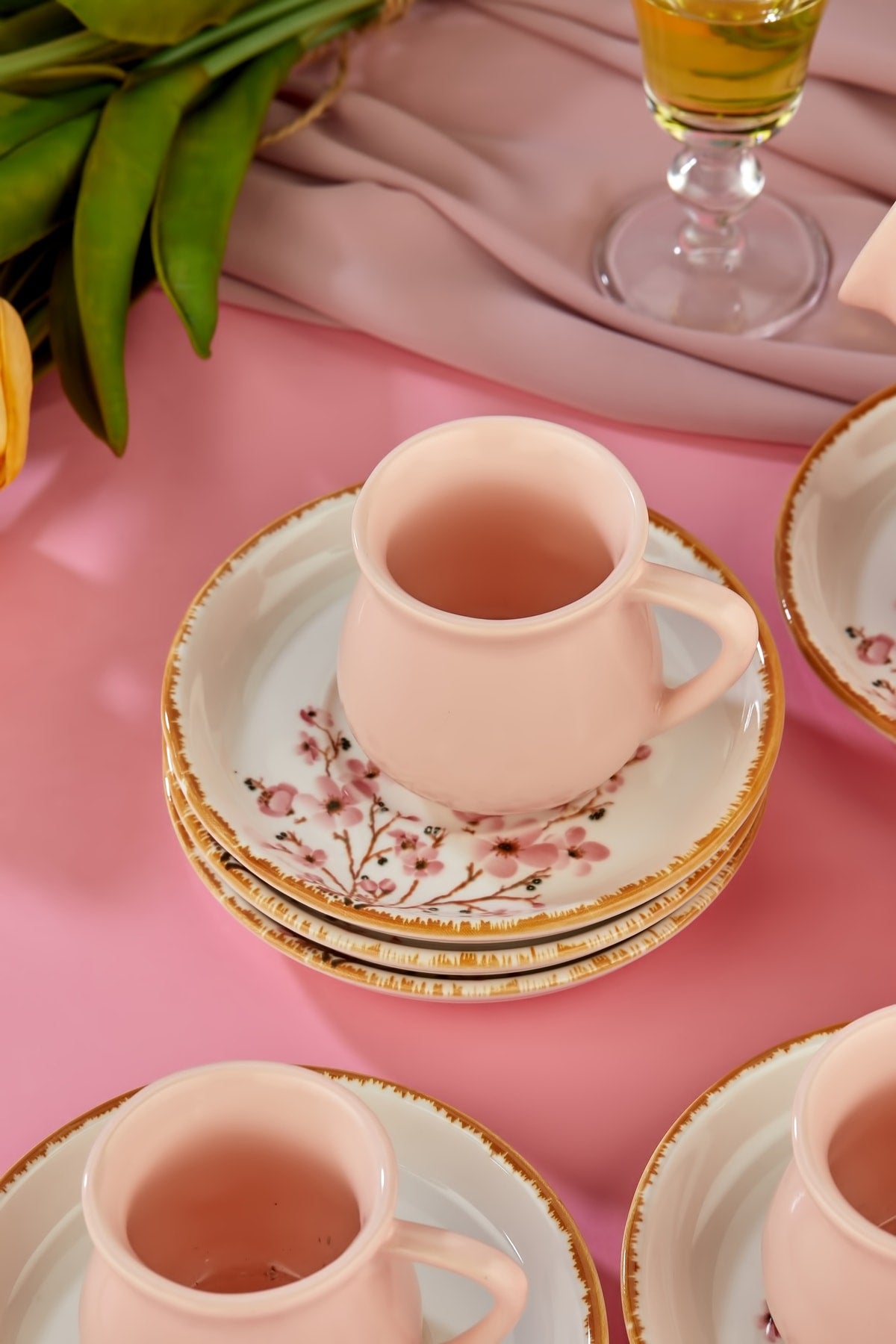 Sakura Pink 12 Piece Luxury Ceramic Coffee Cup Set for 6 People, Coffee Cup