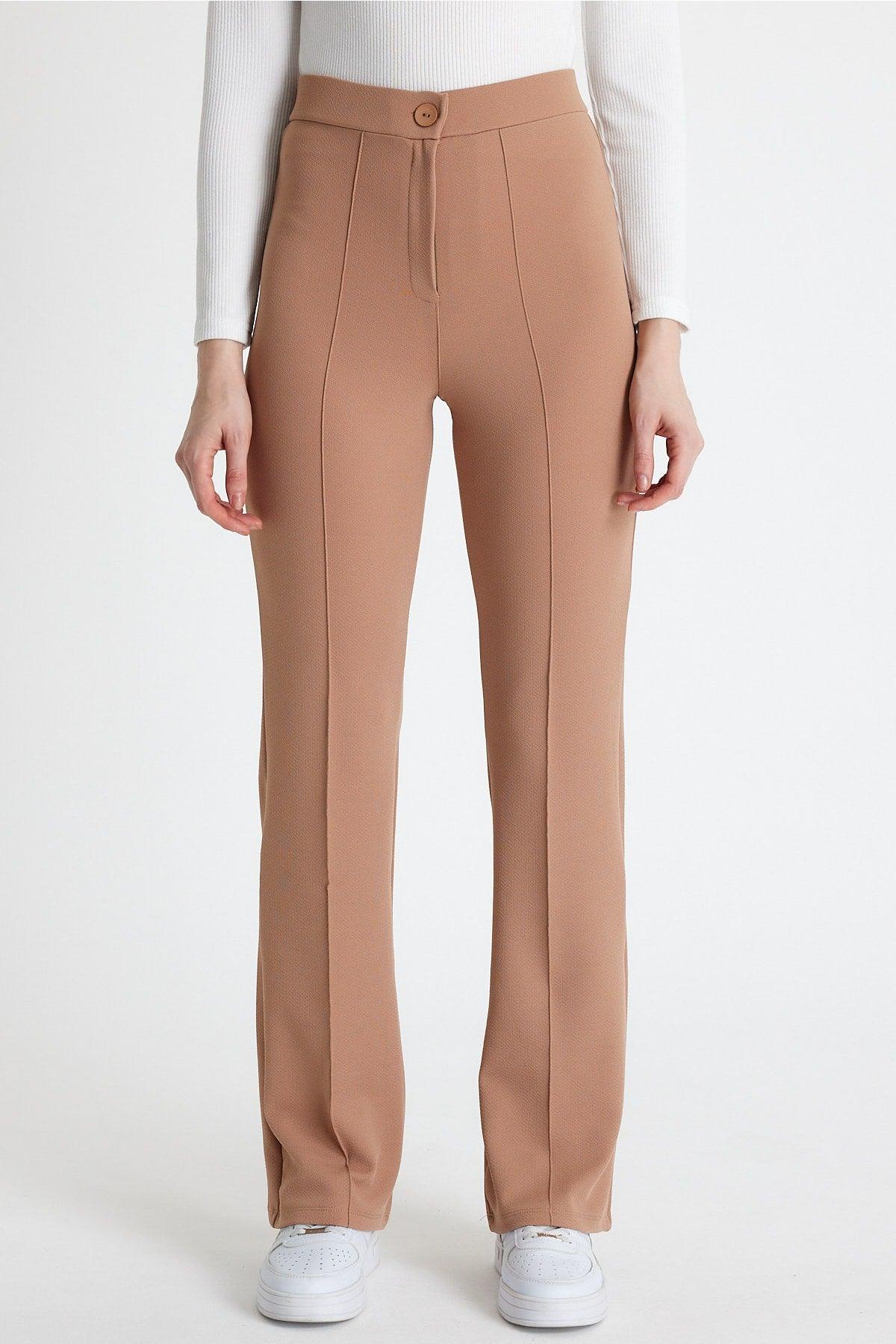 Women's Beige High Waist Gatherer Flared Leg Palazzo Trousers - Swordslife