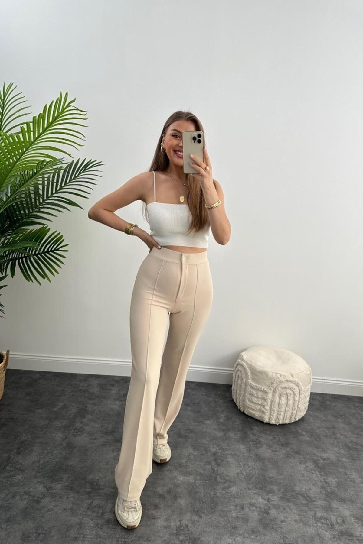 Ultra High Waist Crepe Fabric Lycra Palazzo Trousers Stone - Swordslife