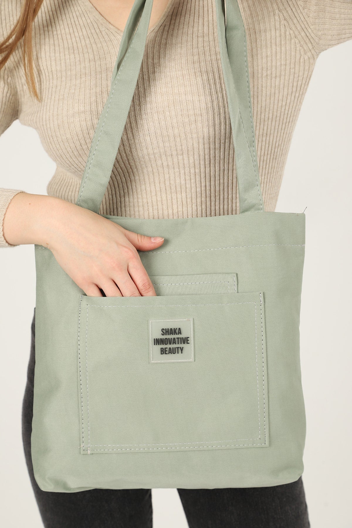 Green U22 3-Compartment Front 2 Pocket Detailed Canvas Fabric Daily Women's Arm and Shoulder Bag B:35 E:35