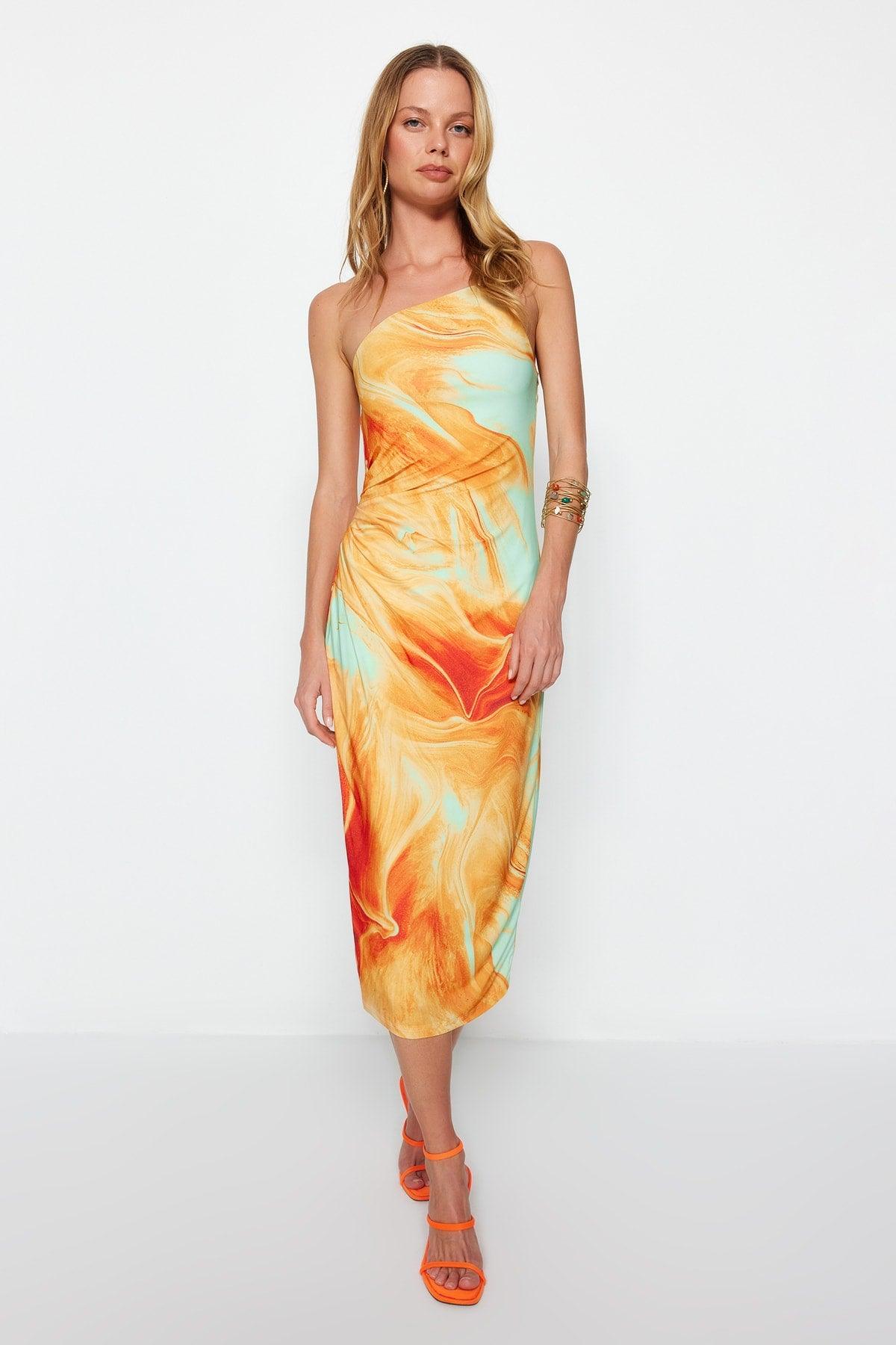 Limited Edition Orange Printed Fitted Midi One-Shoulder Elastic Knit Dress TWOSS23EL01577 - Swordslife